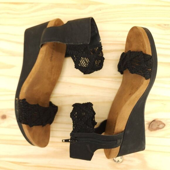 Lucky Brand Women's Sandals Sz 9 Black Fabric Open Toe Ankle Strap Wedge Bridal - Picture 6 of 8